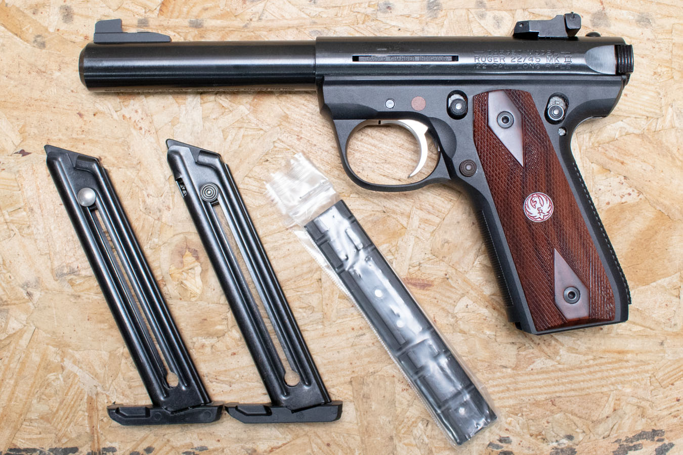 RUGER Mark III 22/45 Target 22LR Used Trade-In Pistol w/Bull Barrel, Wood Grips, Case