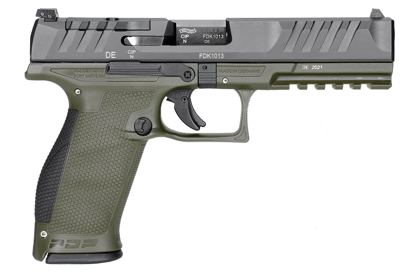 WALTHER PDP Full-Size 9mm Pistol with 5 Inch Barrel and Two-Tone Green Frame