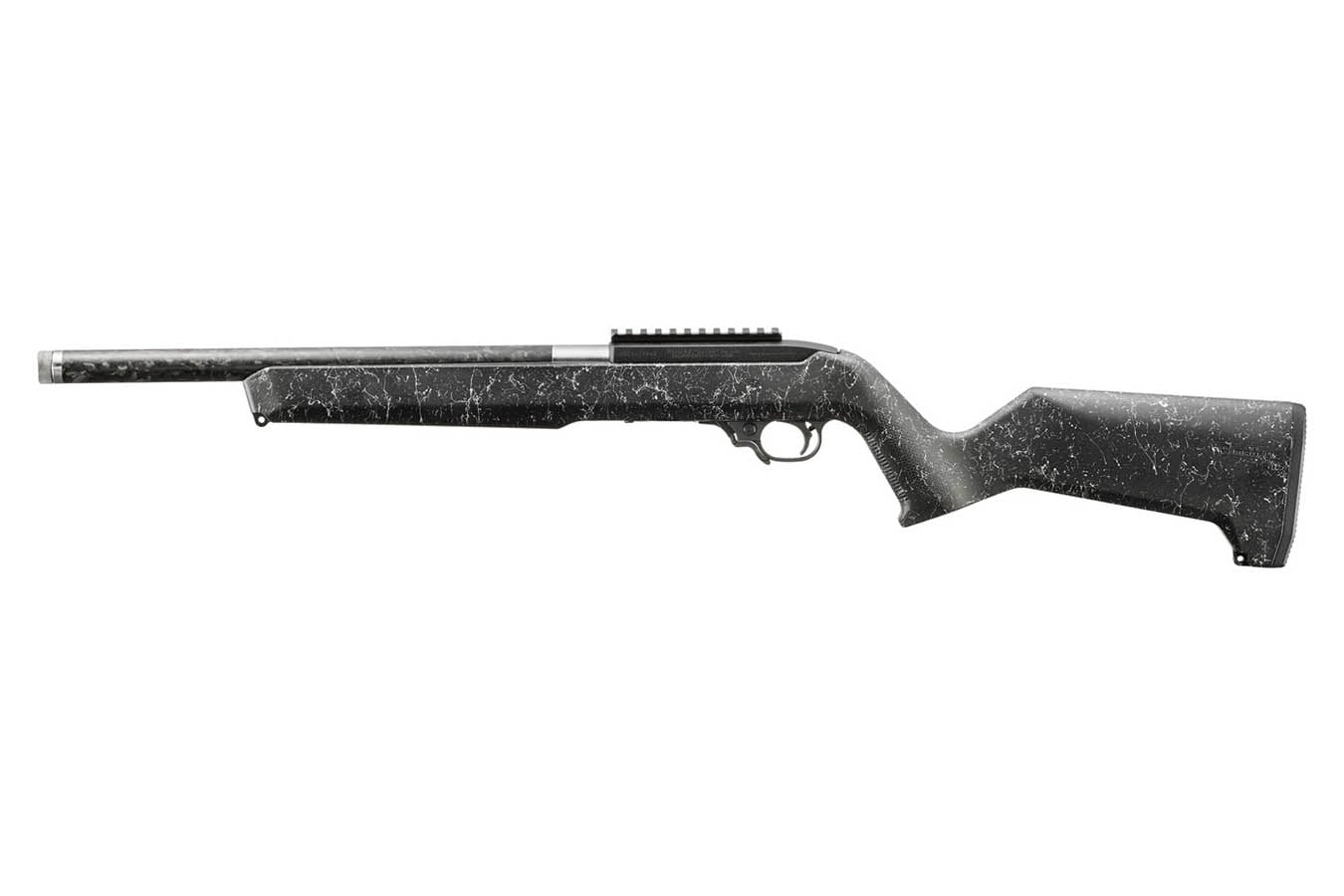 RUGER 10/22 22LR Semi-Auto Rifle with Carbon Fiber Threaded Barrel and White/Black Speckle Magpul MOE X-22 Stock