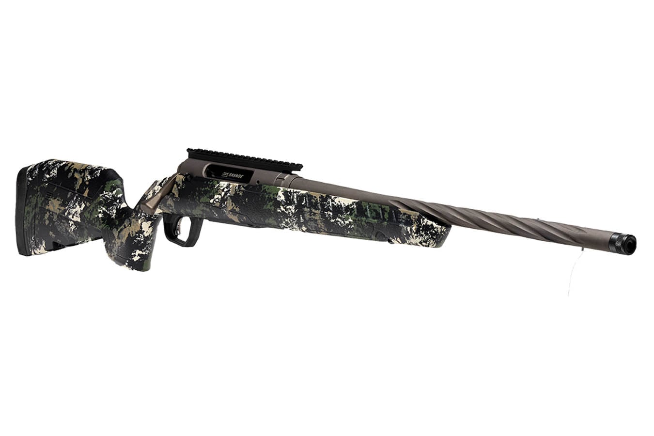 Savage Axis 2 Pro 223 Rem Bolt-Action Rifle with Forest SP Camo Stock and Gun Metal Bronze Spiral Fluted/Threaded Barrel