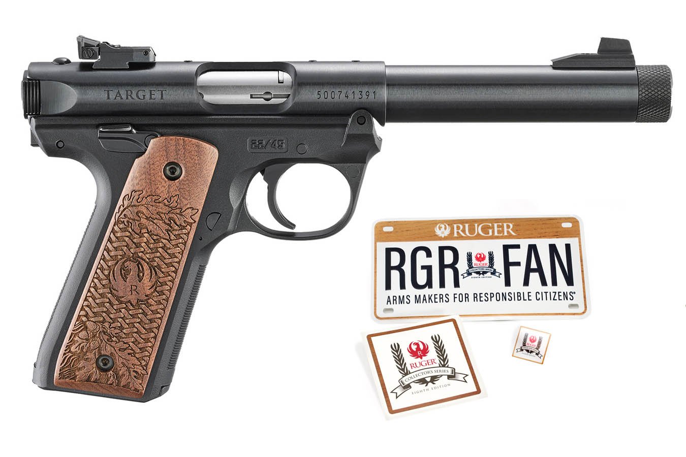 RUGER Mark IV 22/45 22LR 8th Edition Collectors Series Rimfire Pistol with Metal License Plate, Decal and Lapel Pin