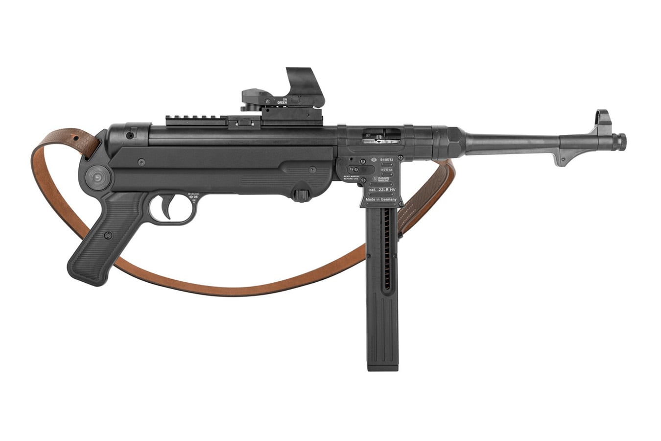 BLUE LINE SOLUTIONS MP40 P 22LR Pistol with Red Dot Leather Sling and 23-Round Magazine