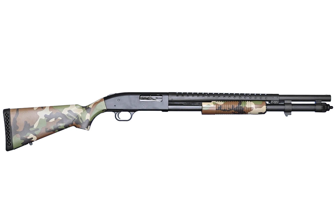 MOSSBERG M590 12-Gauge Pump-Action Shotgun with Heat Shield and Woodland Camo Stock