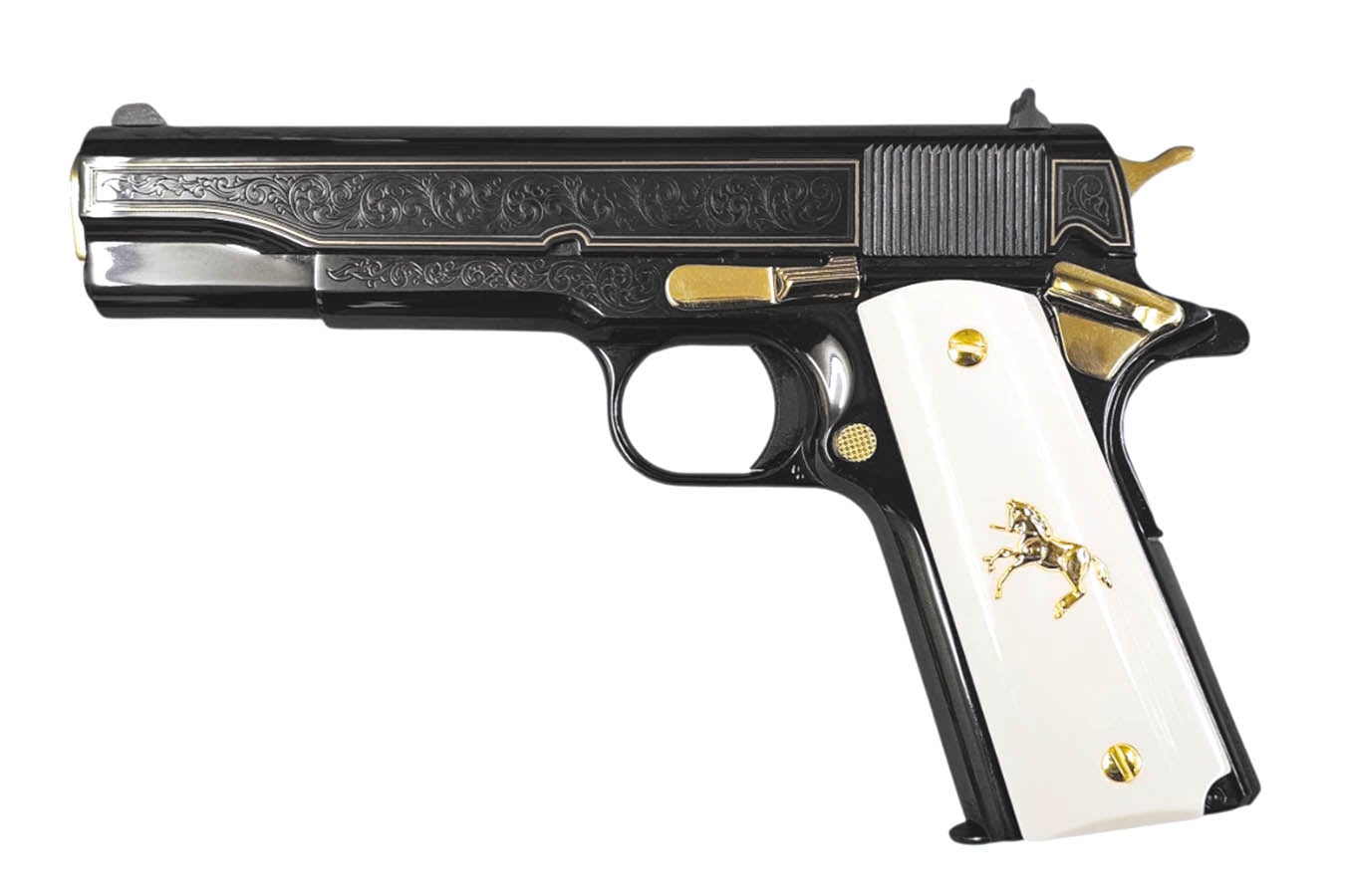 Colt 1911 Gov't Classic Engraved 38 Super Semi-Auto Pistol with Gold Plated Outline and White/Gold Colt Grips