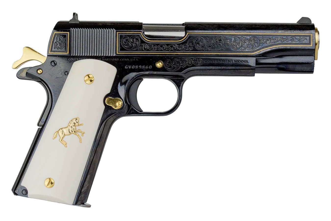 Colt 1911 Gov't Classic Engraved 38 Super Semi-Auto Pistol with Gold Plated Outline and White/Gold Colt Grips