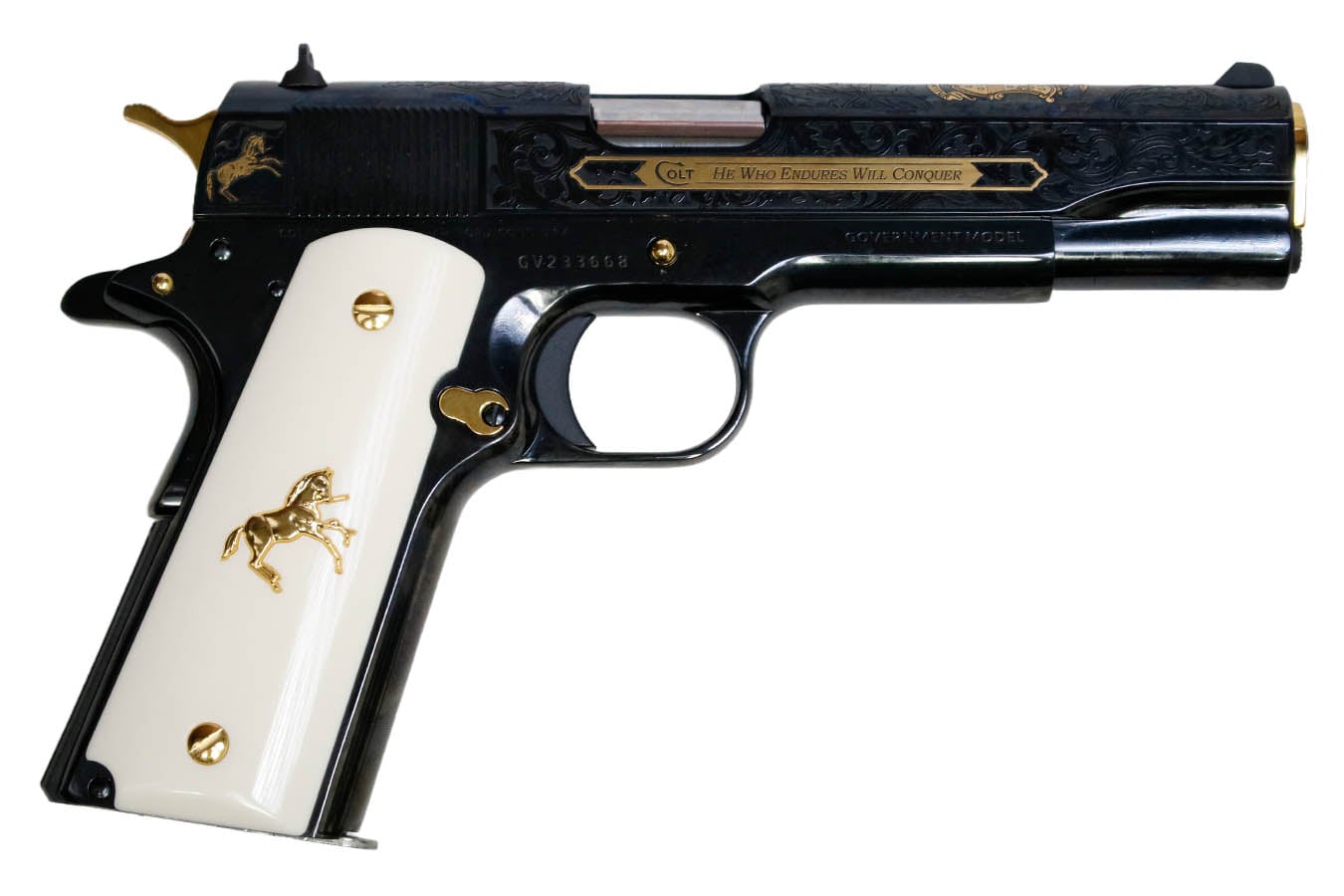 COLT 1911 Govt Classic Engraved 38 Super Semi-Auto Pistol with Gold Plated Outline