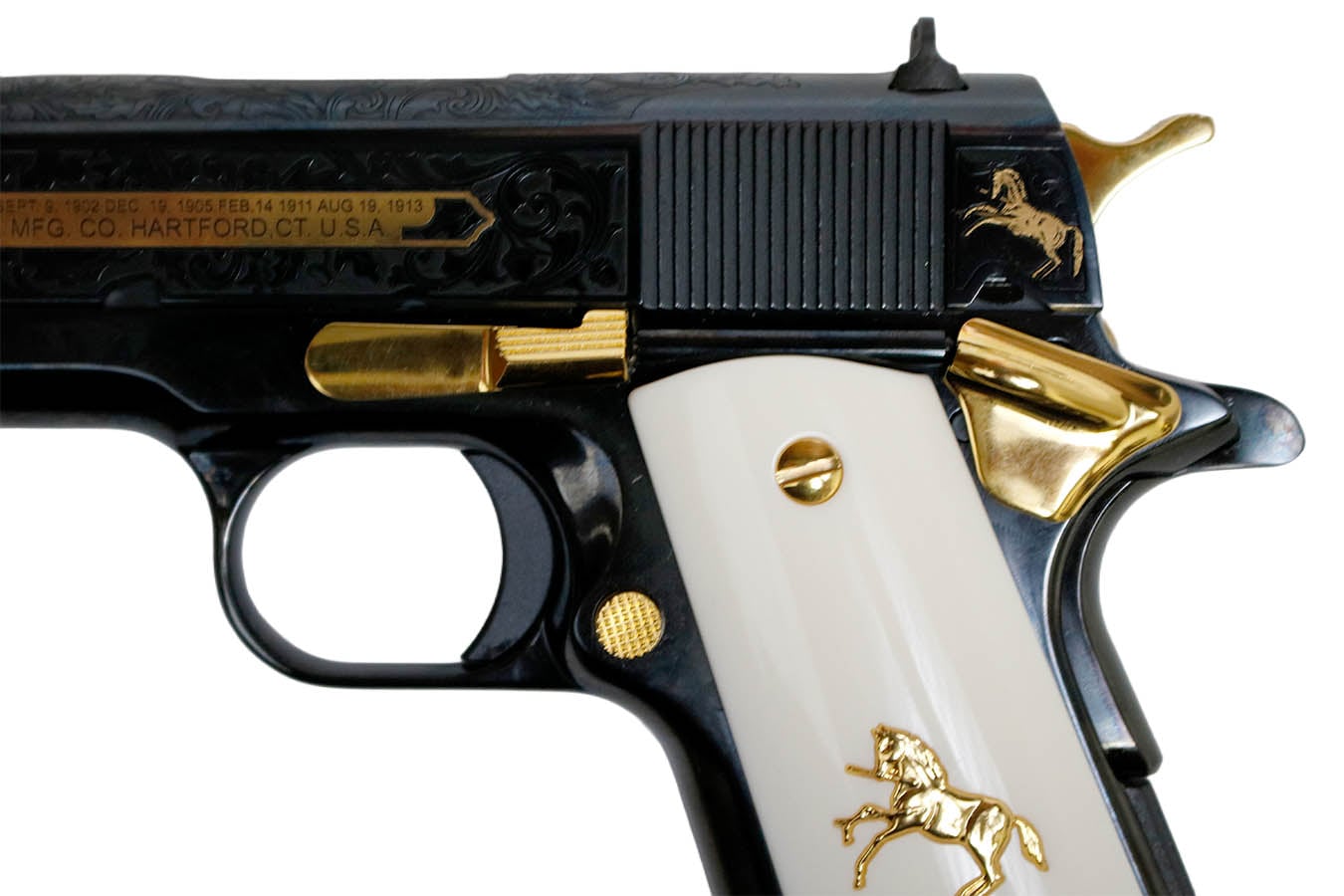 COLT 1911 Govt Classic Engraved 38 Super Semi-Auto Pistol with Gold Plated Outline