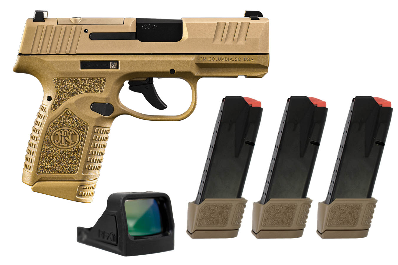 FNH Reflex MRD 9mm Flat Dark Earth (FDE) Optic Ready Pistol w/ 4 Total Mags and Viridian Green Dot