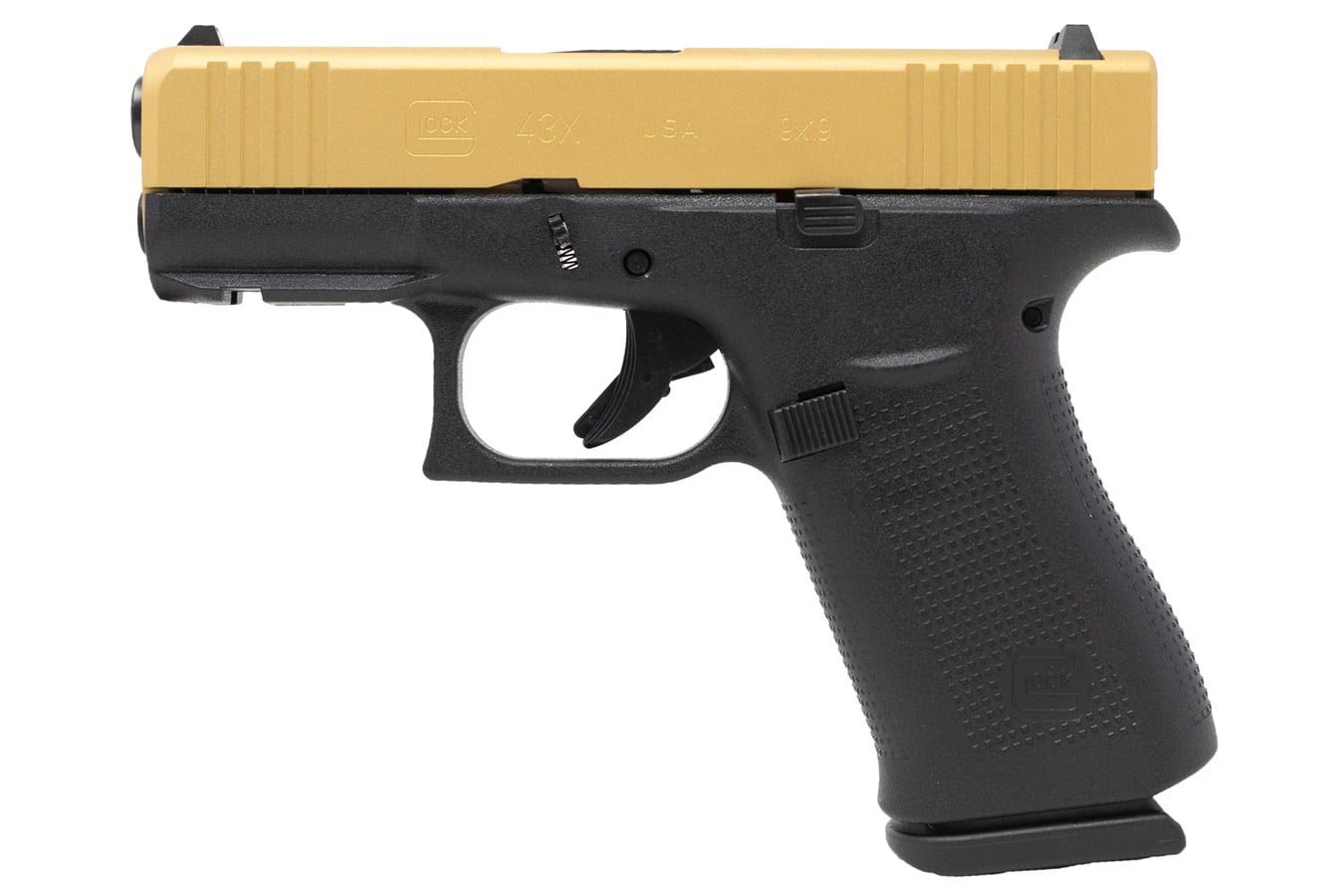 GLOCK 43X 9mm Pistol with Gold Slide and Black Frame