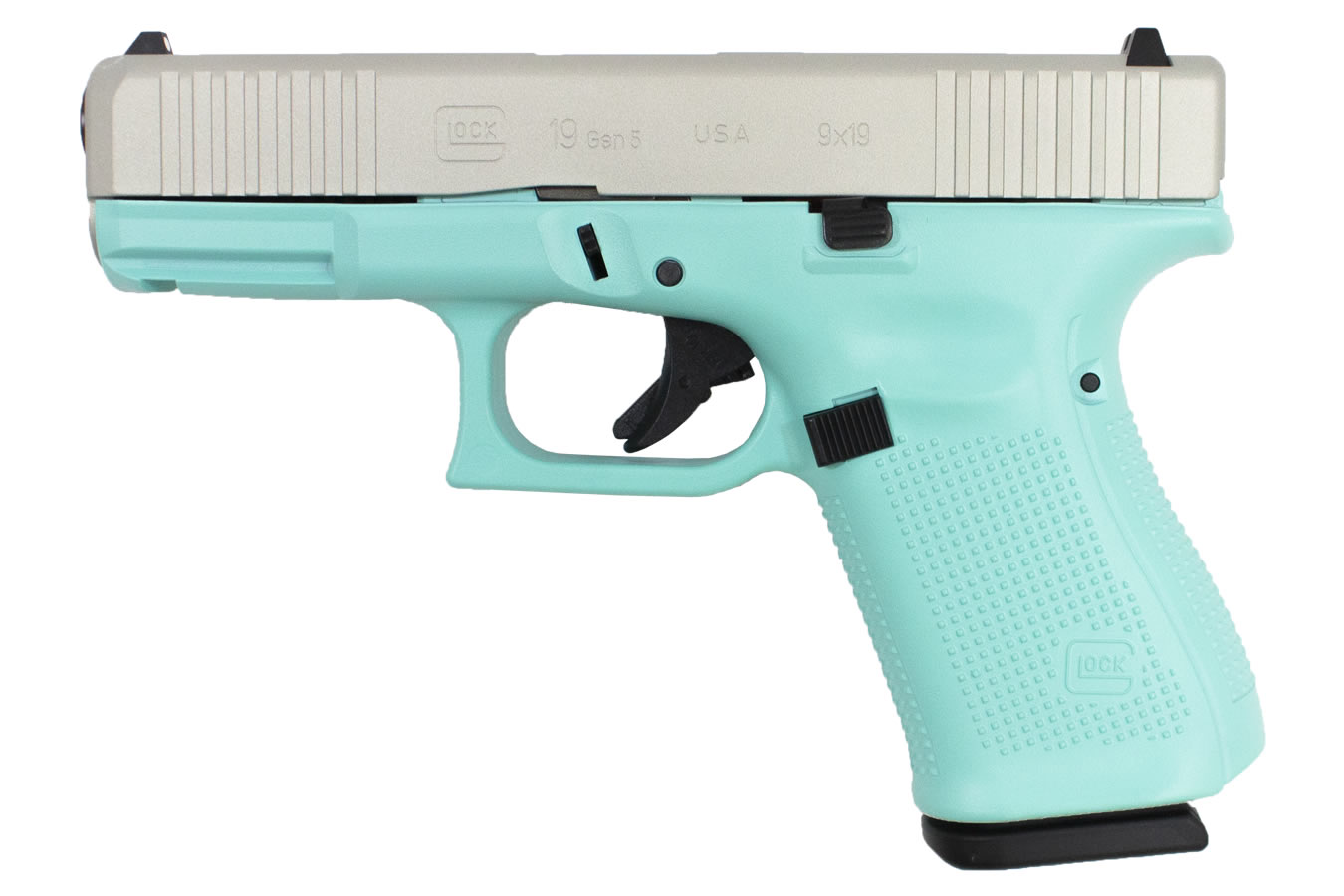 GLOCK 19 Gen5 9mm Pistol with Robins Egg Blue Cerakote Finish and Shimmering Aluminum 