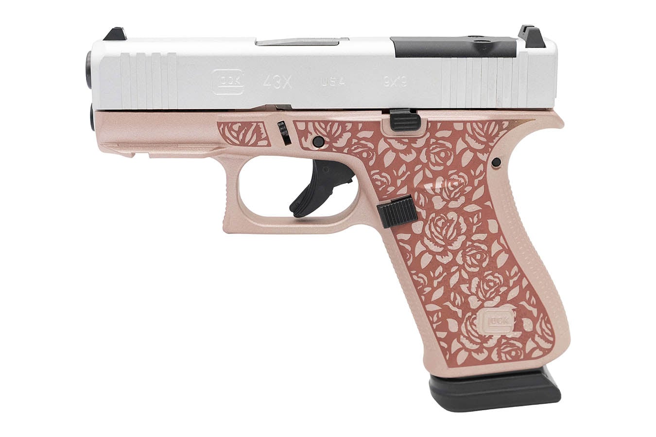 GLOCK 43x MOS The Rose 9mm Optic Ready Pistol with Rose Gold Cerakote Frame and Satin Aluminum Cerakote Slide