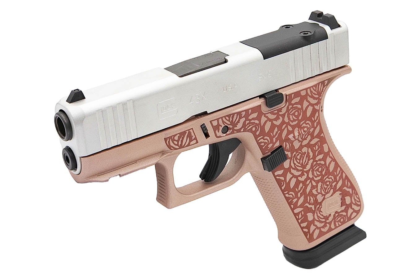 GLOCK 43x MOS The Rose 9mm Optic Ready Pistol with Rose Gold Cerakote Frame and Satin Aluminum Cerakote Slide