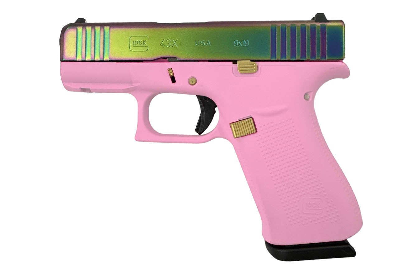 GLOCK 43X MOS 9mm Optic Ready Pistol with Pink Frame and Rainbow Slide