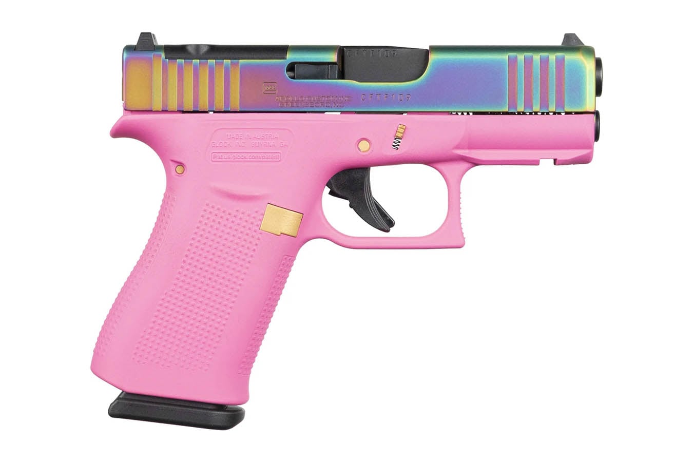 GLOCK 43X MOS 9mm Optic Ready Pistol with Pink Frame and Rainbow Slide