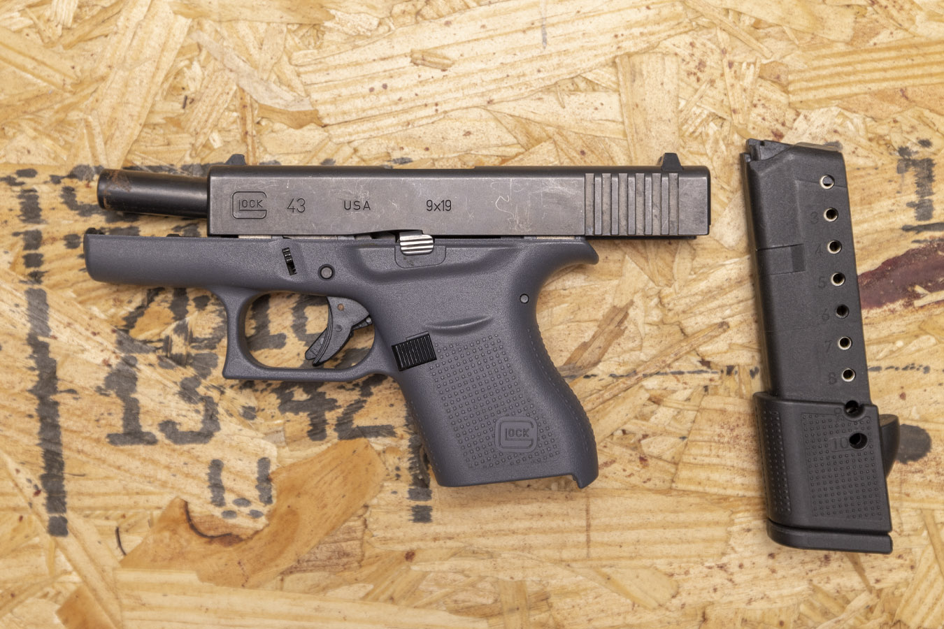 GLOCK 43 9mm Police Trade-In Pistol with Gray Frame and Extended Mag