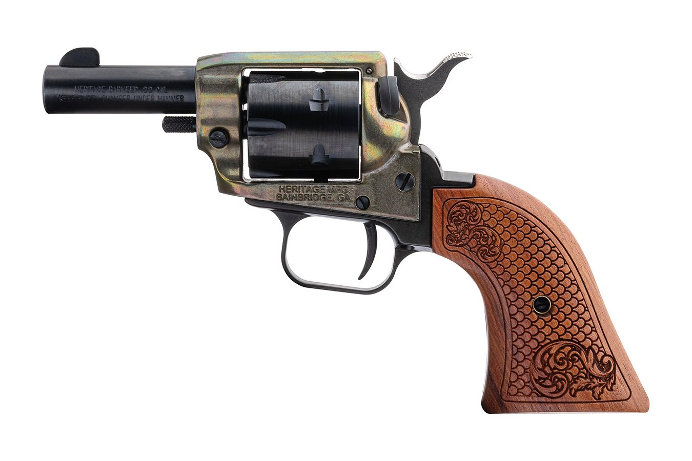 HERITAGE Barkeep 22 LR Revolver with Custom Scroll Wood Grip and 3 Inch Barrel
