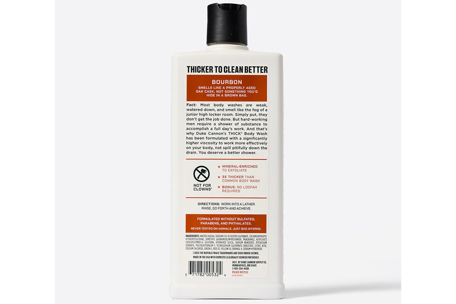 Duke Cannon Thick Bourbon Body Wash, Oak Barrels and Aged Spirits