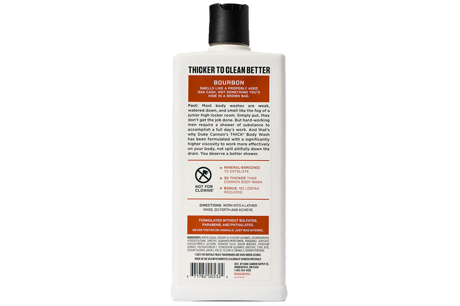 Duke Cannon Thick Bourbon Body Wash, Oak Barrels and Aged Spirits