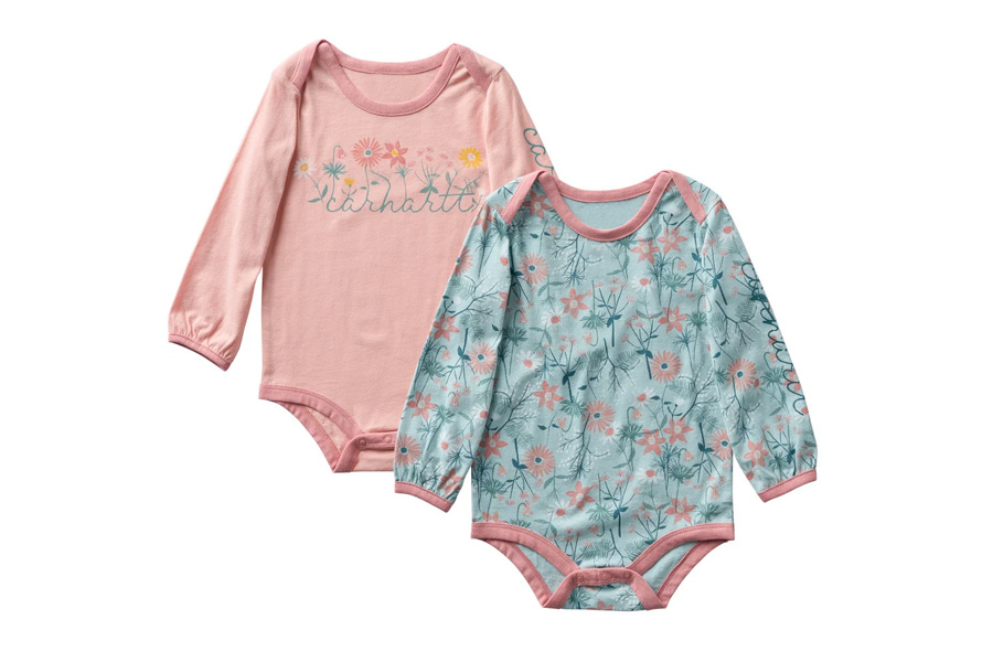 Carhartt Kids Infant Floral Print Long Sleeve Bodysuit 2-Piece Set, Pink and Floral Print
