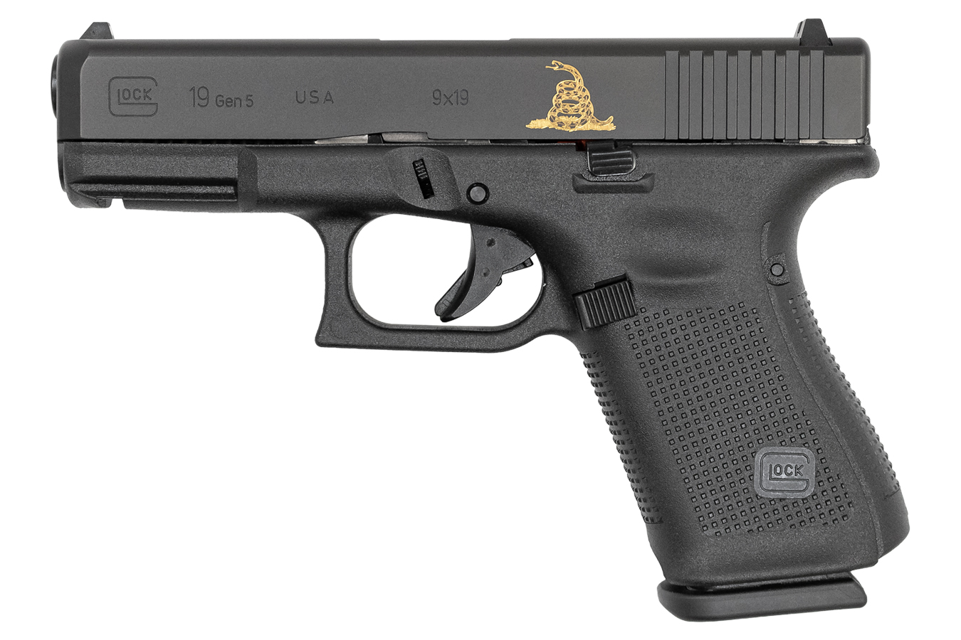 GLOCK 19 Gen5 9mm 15-Round Pistol with Dont Tread on Me / Gadsden Engraved Slide