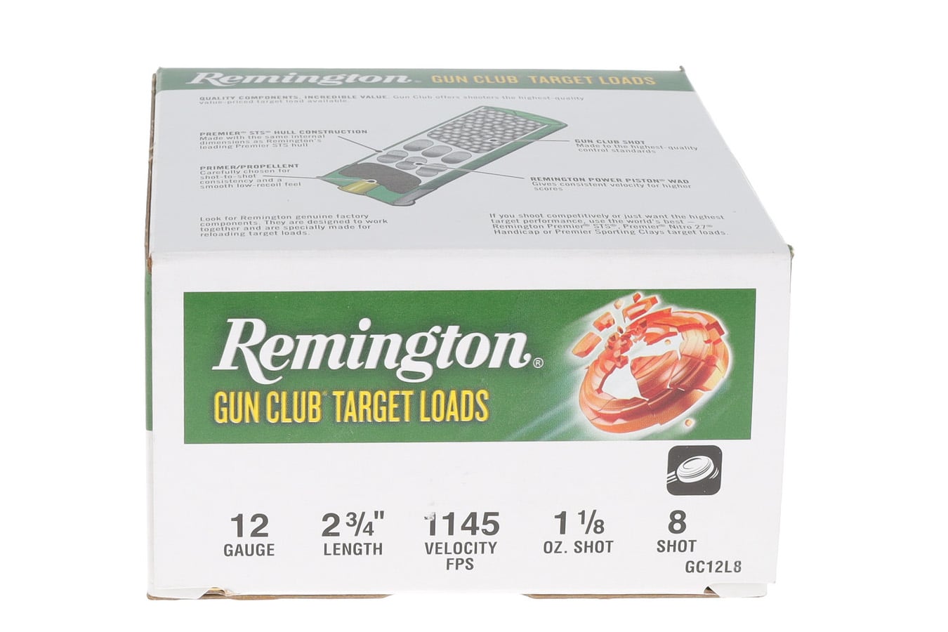 Training Rounds 12ga Remington GC12L8 12 Gauge 2-3/4 Inch 1-1/8 oz 8 Shot Gun Club Target ...