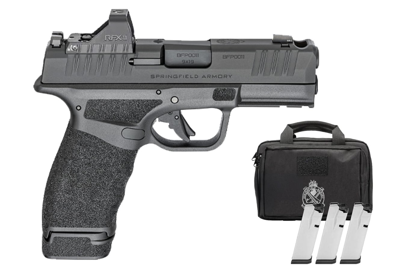 Springfield Hellcat Pro Comp 9mm Gear Pac with Viridian RFX-11 Green Dot, Four Mags and Pistol Bag