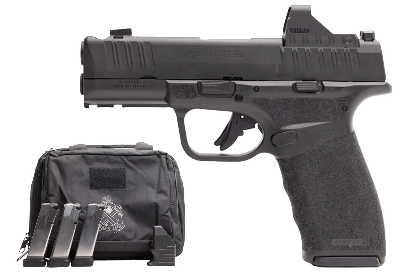 Springfield Hellcat Pro Comp 9mm Gear Pac with Viridian RFX-11 Green Dot, Four Mags and Pistol Bag