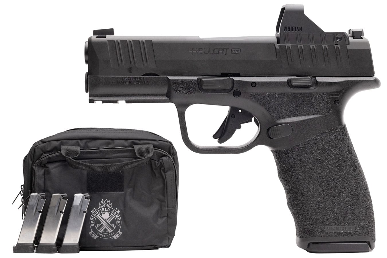SPRINGFIELD Hellcat Pro 9mm Pistol with Viridian RFX-11 Green Dot, Four Mags and Pistol Bag