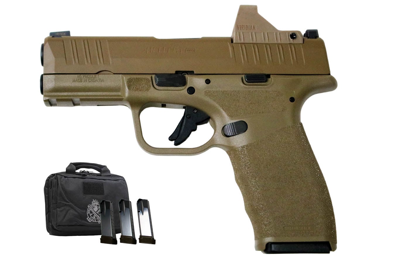 SPRINGFIELD Hellcat Pro 9mm Flat Dark Earth Gear Pac with Viridian RFX-11 Green Dot, Four Mags and Pistol Bag