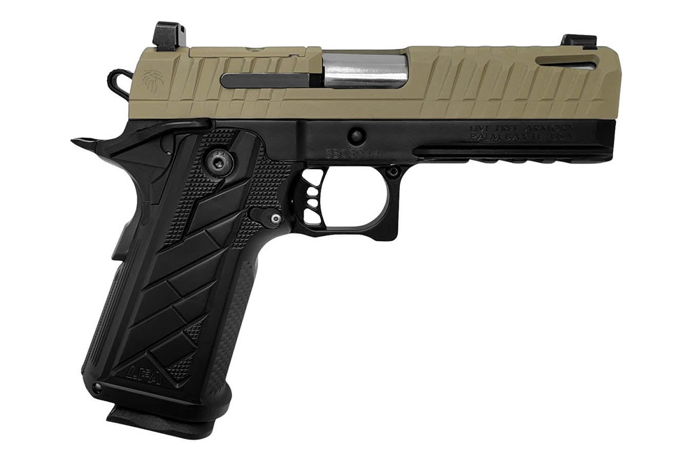 LIVE FREE Apollo 11 V2 Compact 9mm Optic Ready Double Stack 1911 Pistol with FDE Cerakote Ported Barrel