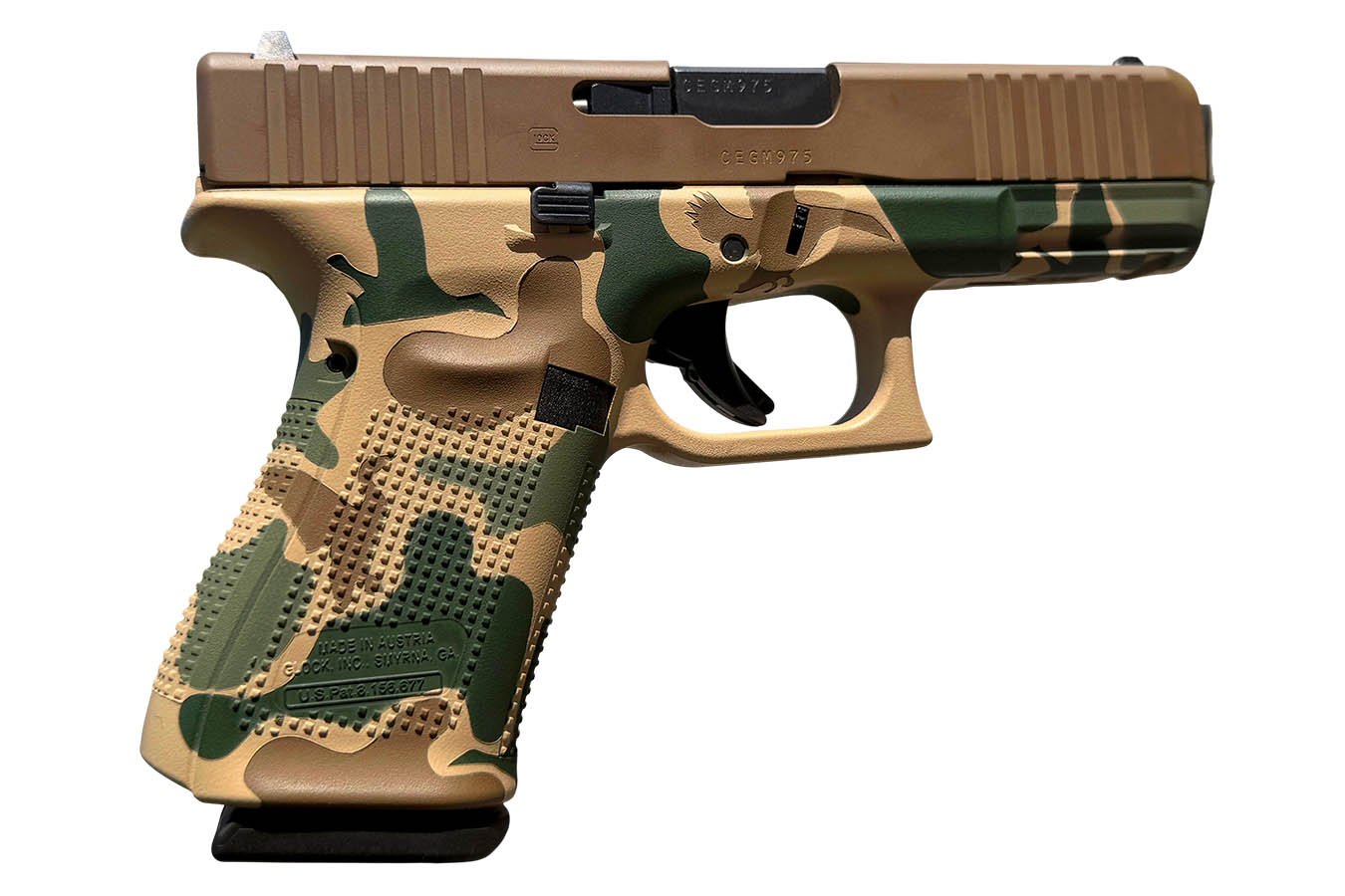 Glock 19 Gen5 Compact 9mm Pistol with Vintage Brown Cerakote Slide and Camo Frame