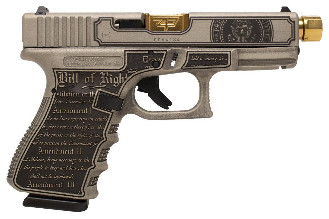GLOCK 19 Gen3 9mm Donald Trump Bill of Rights Custom Pistol with Zaffari Precision Gold Threaded Barrel