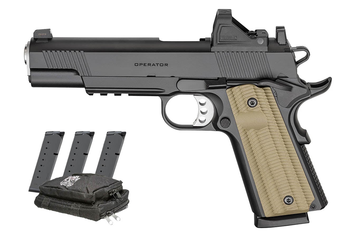 Springfield 1911 Operator AOS 45 ACP Gear Pac with Viridian RFX-11 Green Dot, Four Mags and 