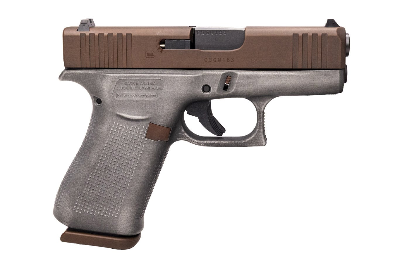 GLOCK 43x 9mm Pistol with Brown Cerakote Slide and Battleworn Silver Frame