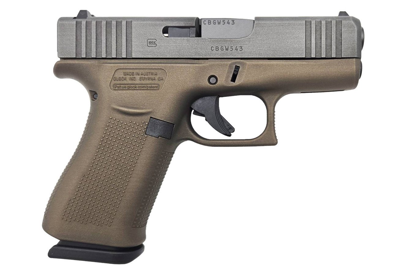 GLOCK 43x 9mm Plunderer Shark Coast Tactical Custom Pistol with Bronze Cerakote Frame and Battlework Silver Slide