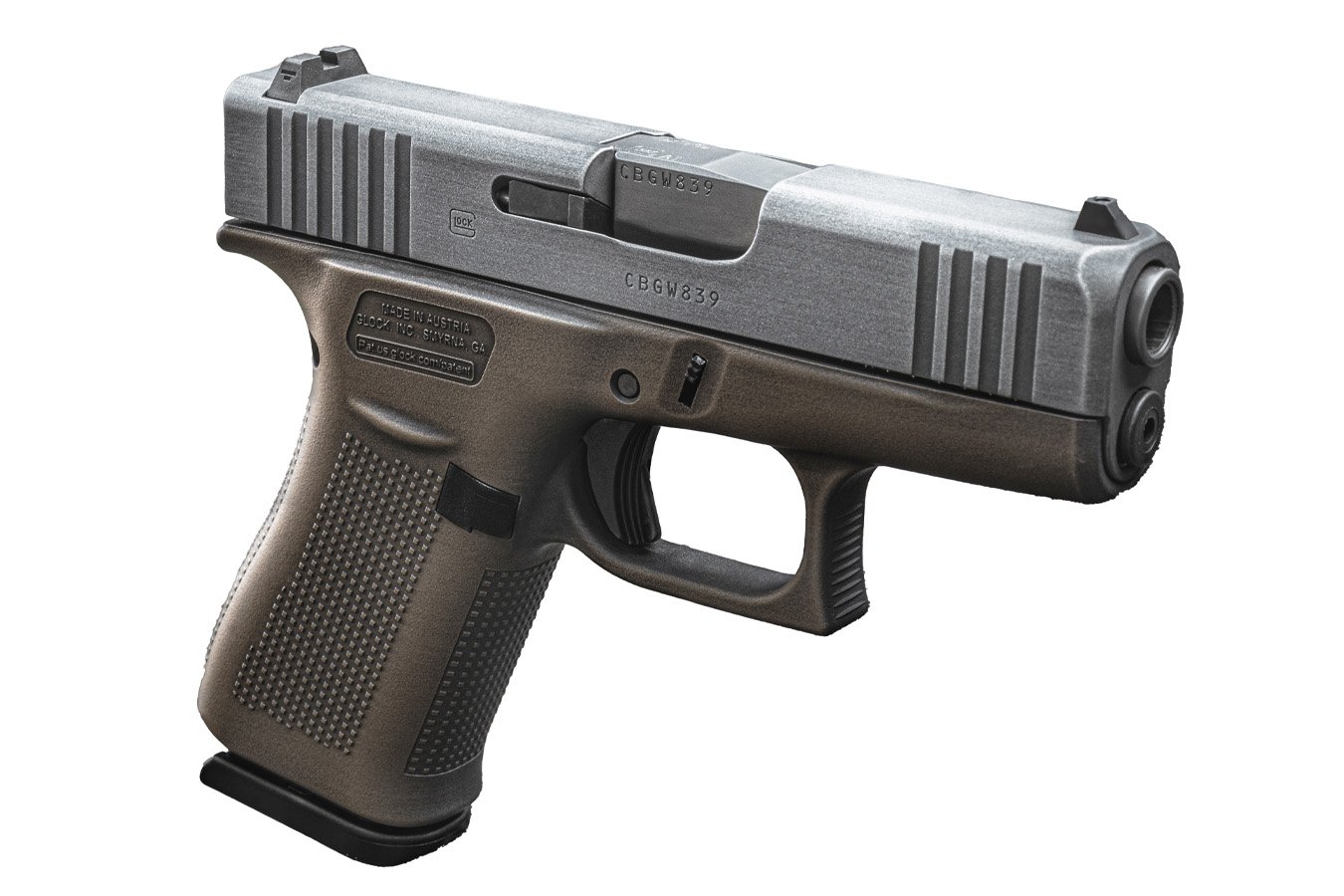 GLOCK 43x 9mm Plunderer Shark Coast Tactical Custom Pistol with Bronze Cerakote Frame and Battlework Silver Slide
