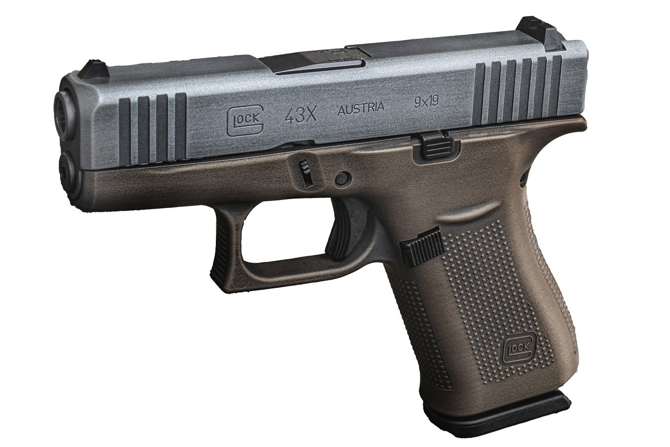 GLOCK 43x 9mm Plunderer Shark Coast Tactical Custom Pistol with Bronze Cerakote Frame and Battlework Silver Slide