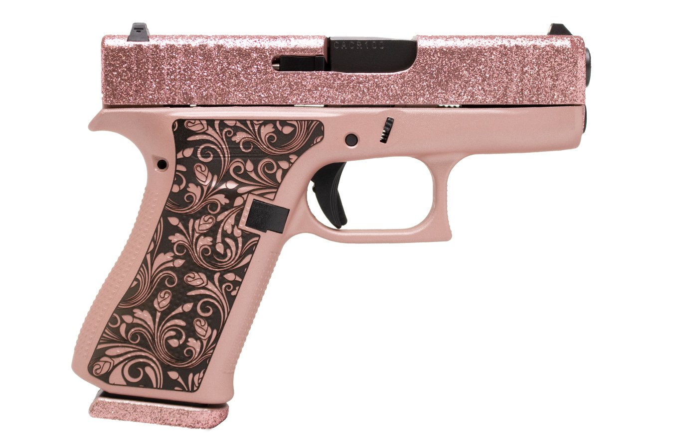 Glock 43X 9mm Pistol with Rose Gold Glitter Slide and Colored Frame w/ Vintage Design