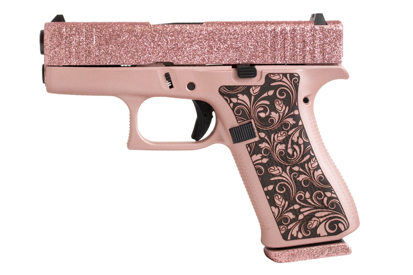 Glock 43X 9mm Pistol with Rose Gold Glitter Slide and Colored Frame w/ Vintage Design