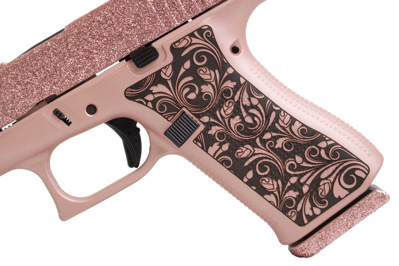 Glock 43X 9mm Pistol with Rose Gold Glitter Slide and Colored Frame w/ Vintage Design