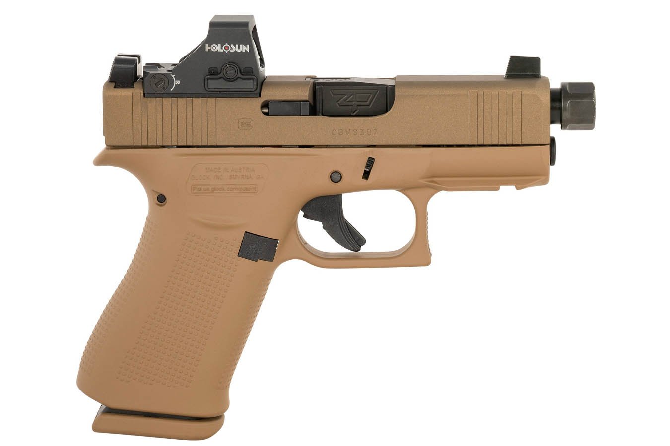 Glock 43x MOS 9mm Optic Ready FDE Pistol with Holosun HS 407K Red Dot and Threaded Barrel