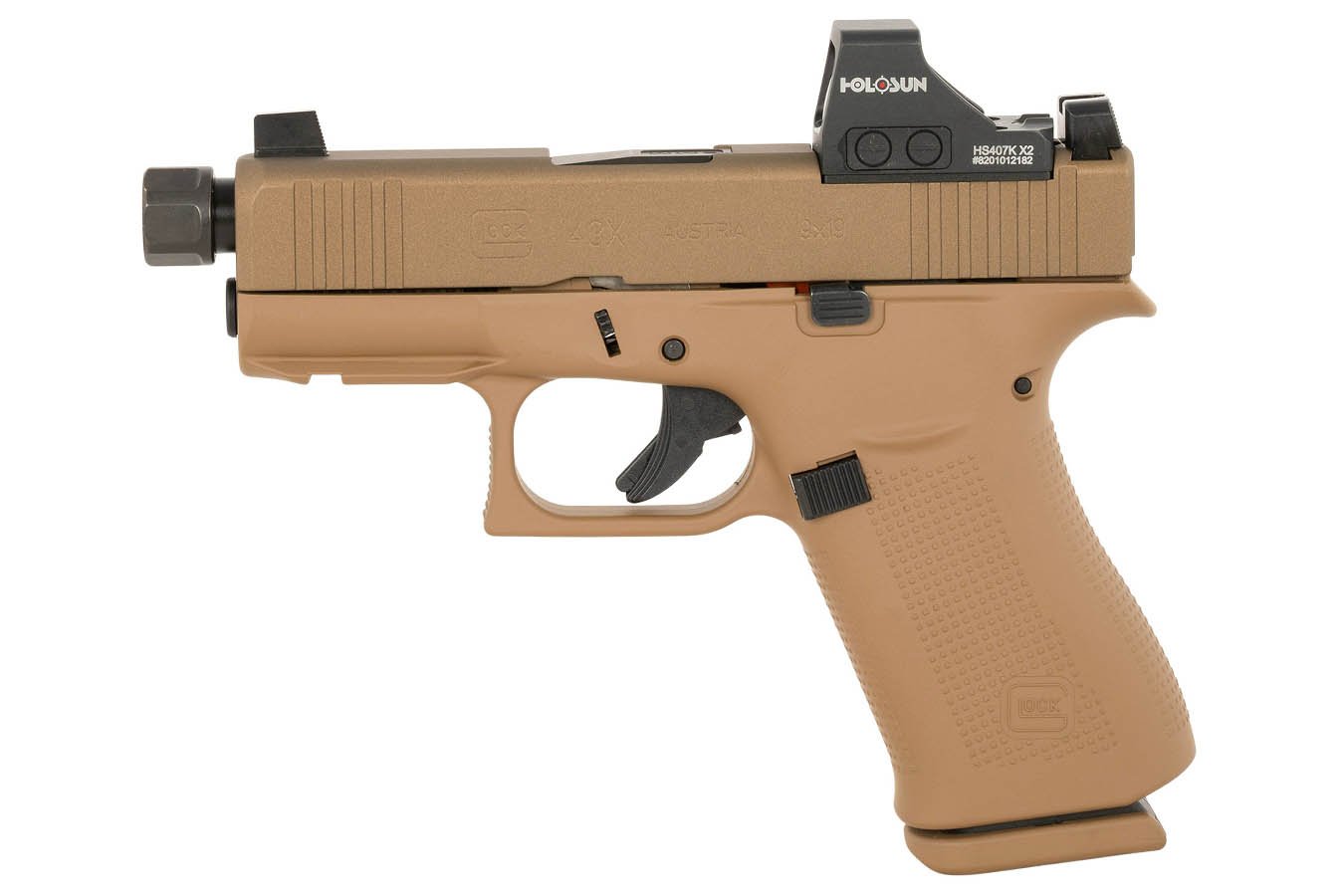 Glock 43x MOS 9mm Optic Ready FDE Pistol with Holosun HS 407K Red Dot and Threaded Barrel
