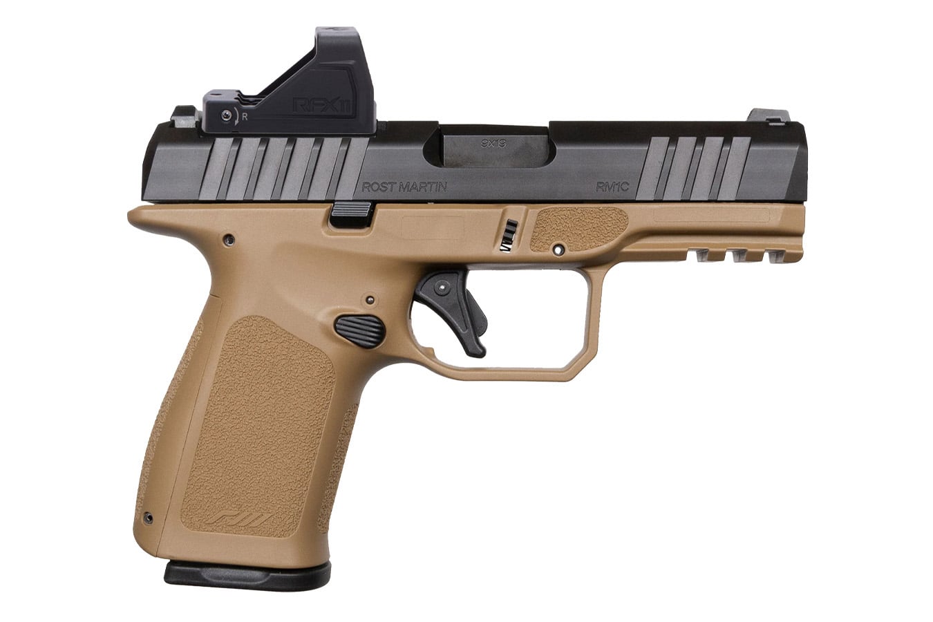 Rost Martin RM1C 9mm Optic Ready FDE Pistol with Viridian RFX Green Dot, Four 10 Round Mags and Savior Bag (CA Compliant)