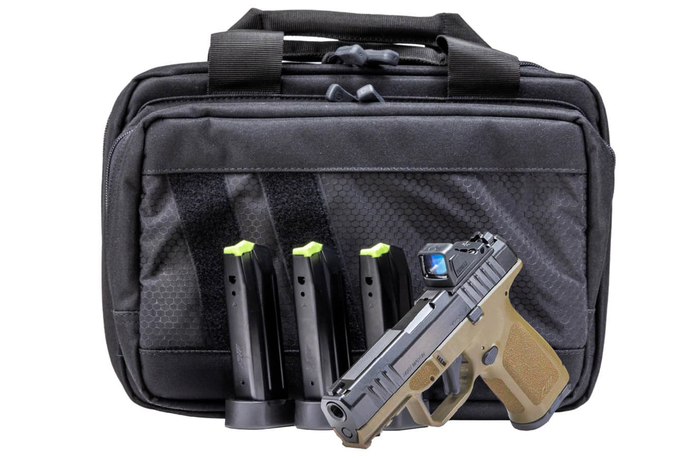 Rost Martin RM1C 9mm Optic Ready FDE Pistol with Viridian RFX Green Dot, Four 10 Round Mags and Savior Bag (CA Compliant)