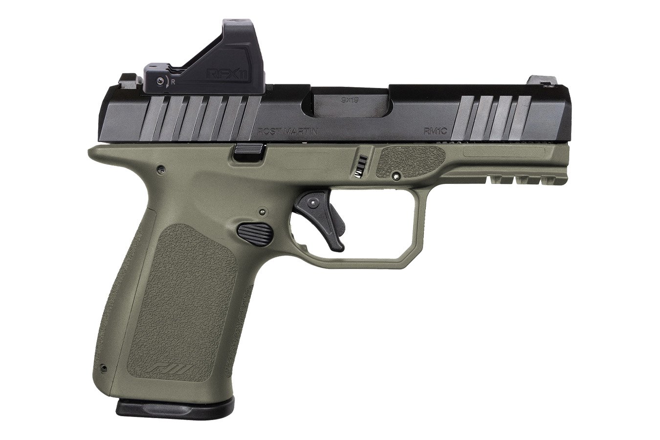 ROST MARTIN RM1C 9mm Optic Ready ODG Pistol with Viridian RFX Green Dot, Five 10 Round Mags and Savior Bag (CA Compliant)