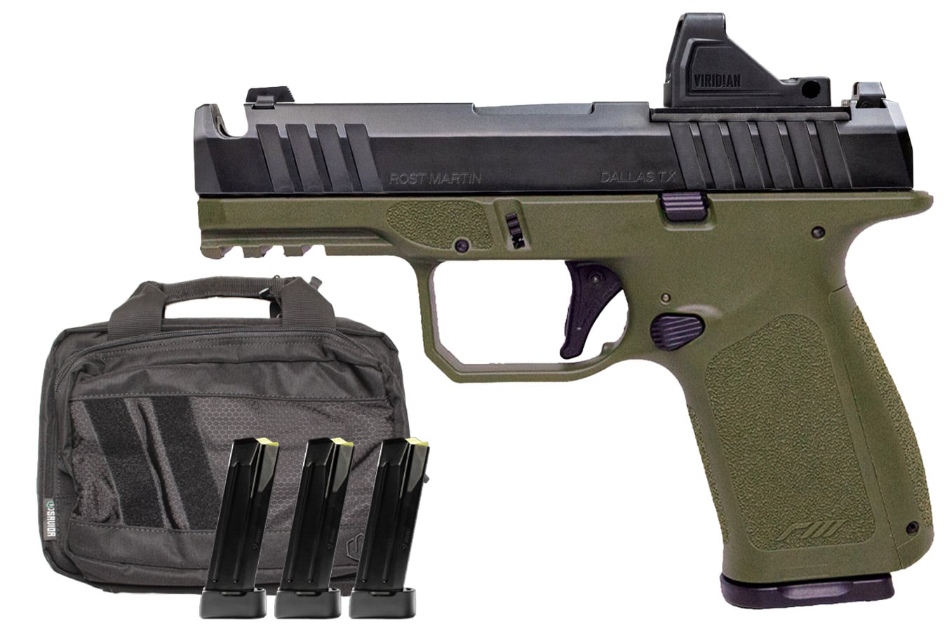 ROST MARTIN RM1C 9mm Pistol ODG Compensated Pistol with Viridian RFX 11 Green Dot, 4 Magazines and Savior Bag