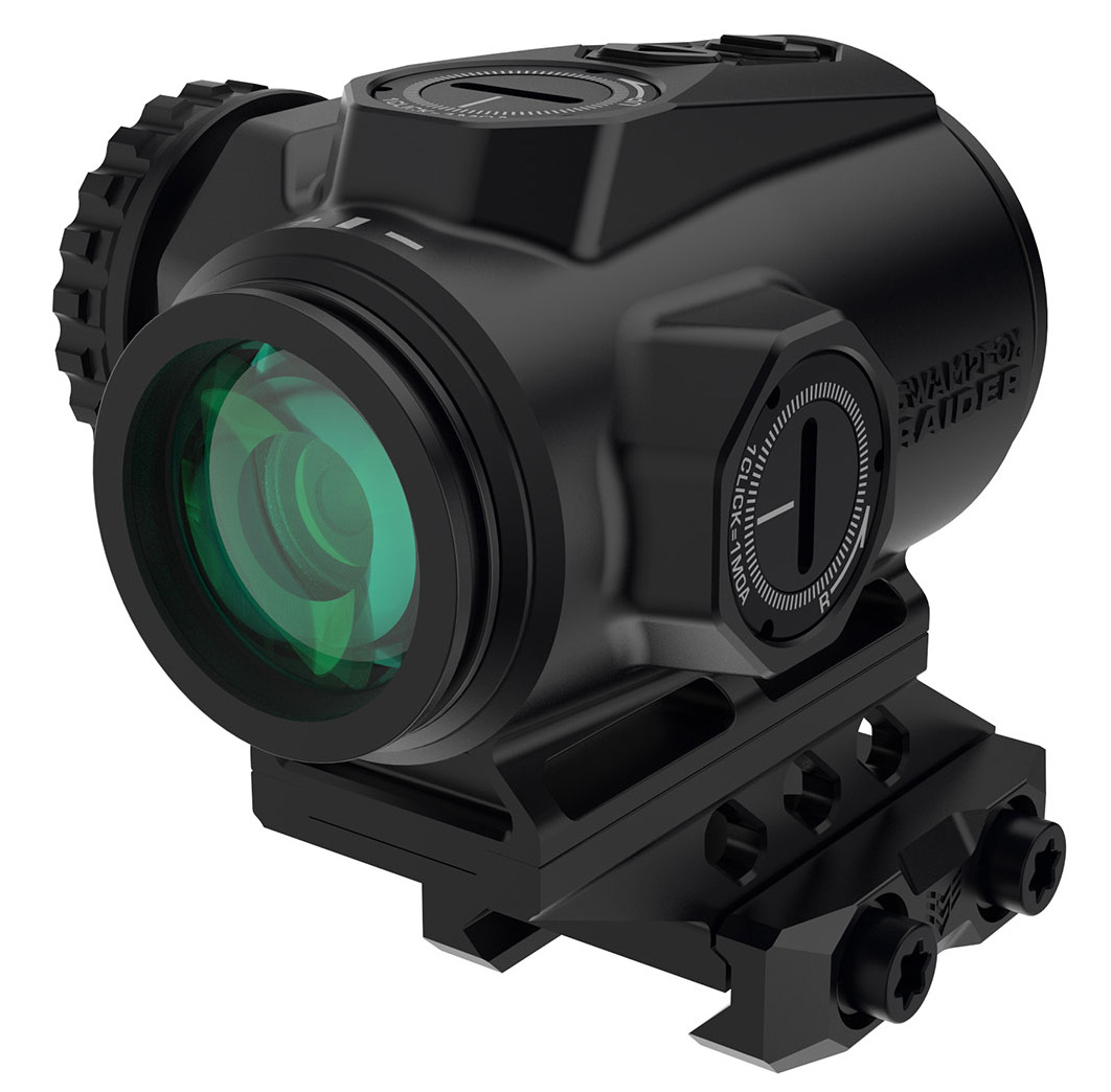 SWAMPFOX OPTICS Raider Micro Prism Black 1x 20mm Tube Bullet Rise Compensation Reticle Green Laser