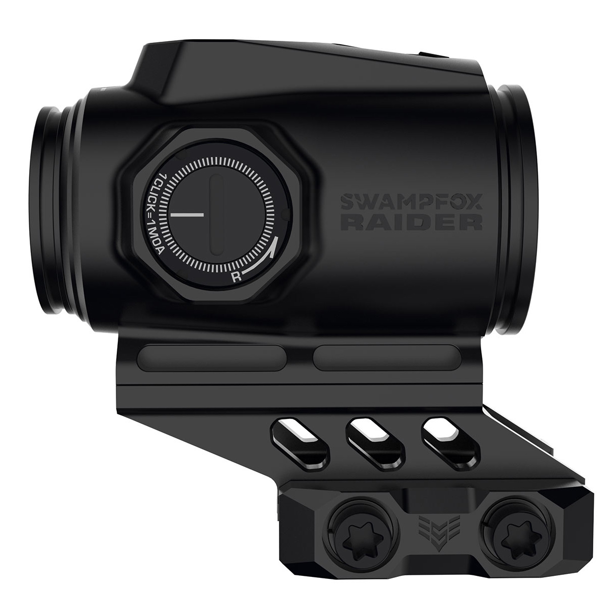 SWAMPFOX OPTICS Raider Micro Prism Black 1x 20mm Tube Bullet Rise Compensation Reticle Green Laser