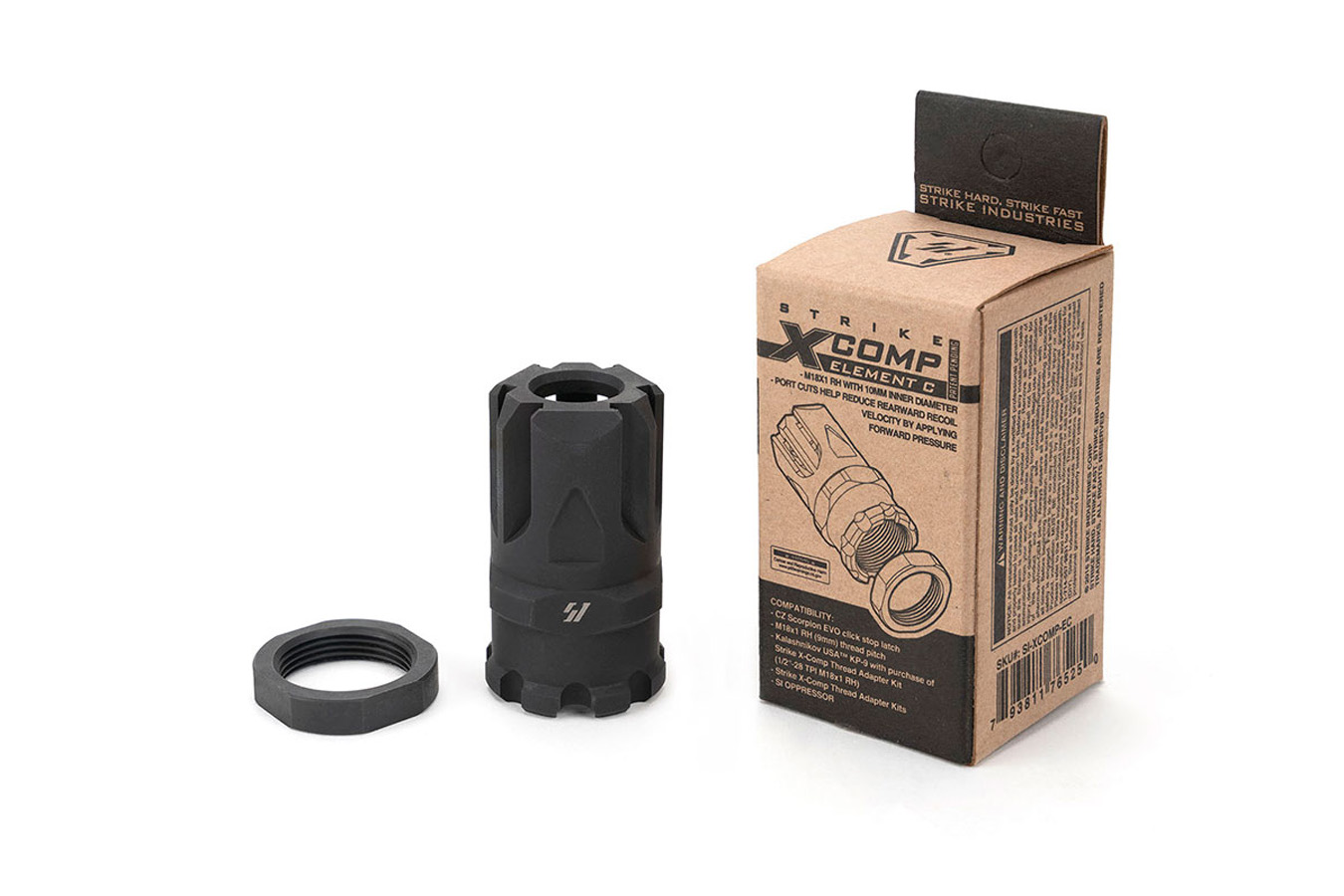 STRIKE IND X-COMP ELEMENT C with a Strike Industries Jam Nut in M18x1 RH Thread