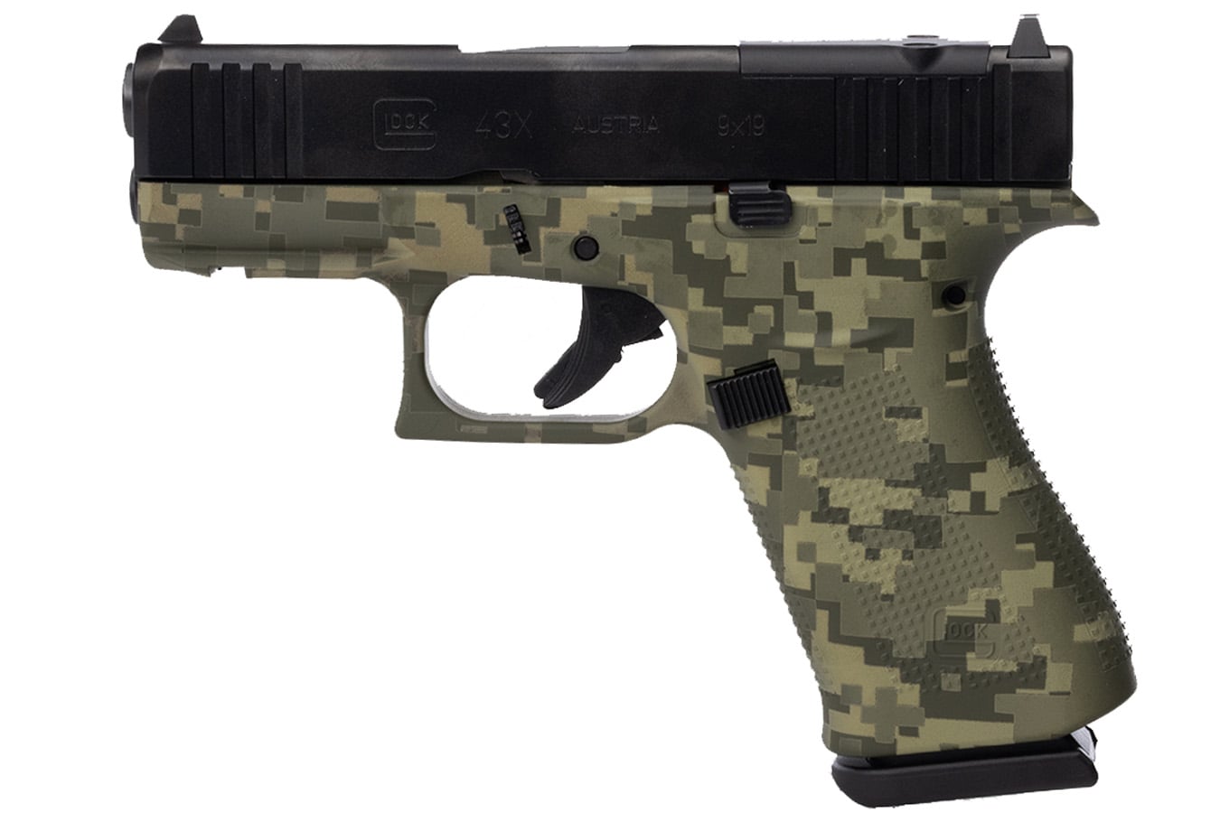 GLOCK 43X MOS 9mm Optic Ready Pistol with Distressed Green Camo Finish